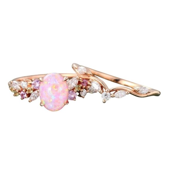 2 Pieces Pear Cut Ethiopian Pink Fire Opal Engagement Ring Set 14K Gold plated - Picture 3 of 6